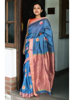 Greyish Blue, Handwoven Organic Cotton, Textured Weave , Jacquard, Festive Wear, Jari , Butta Saree